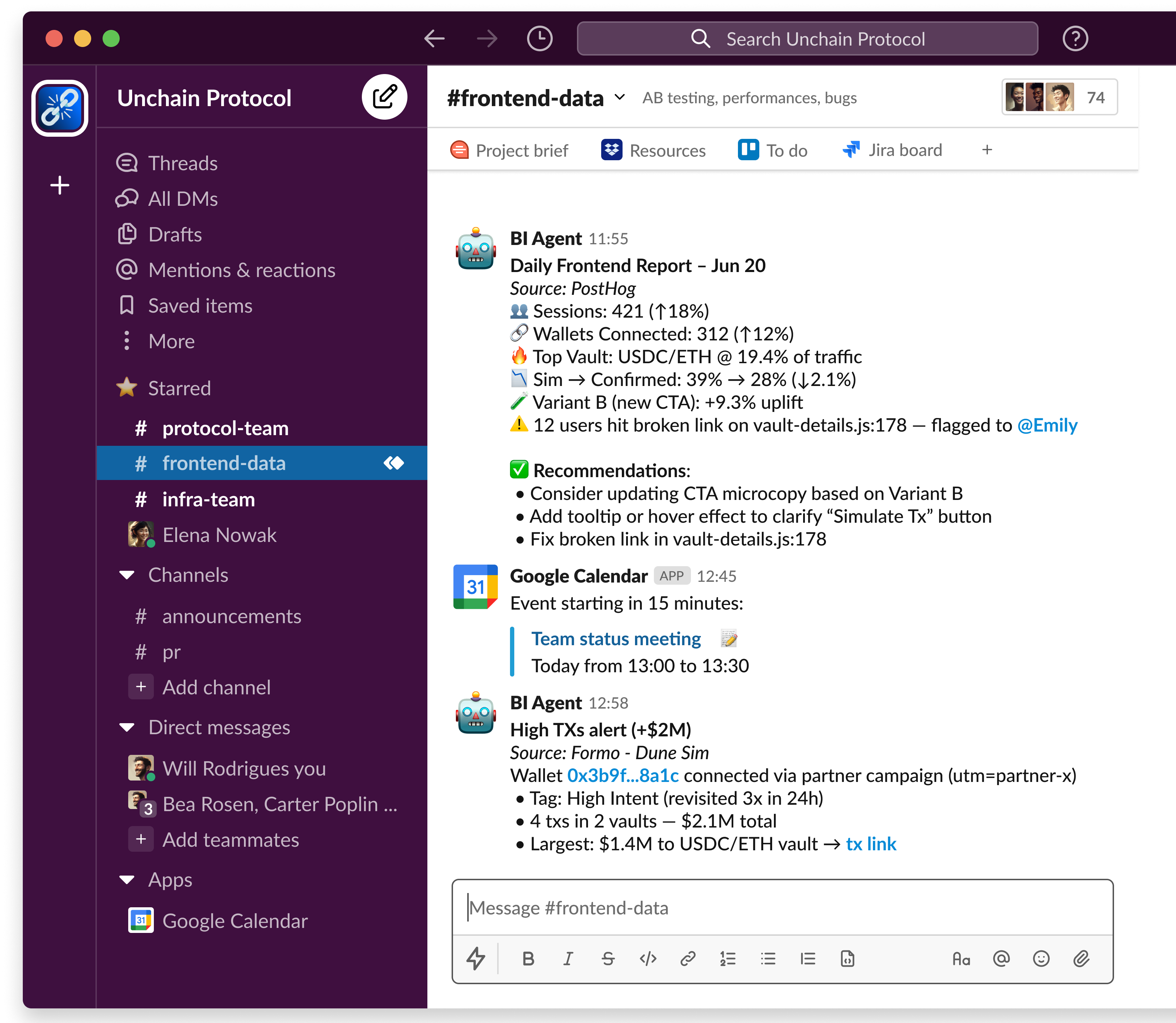 Example automated Slack report showing daily analytics summary