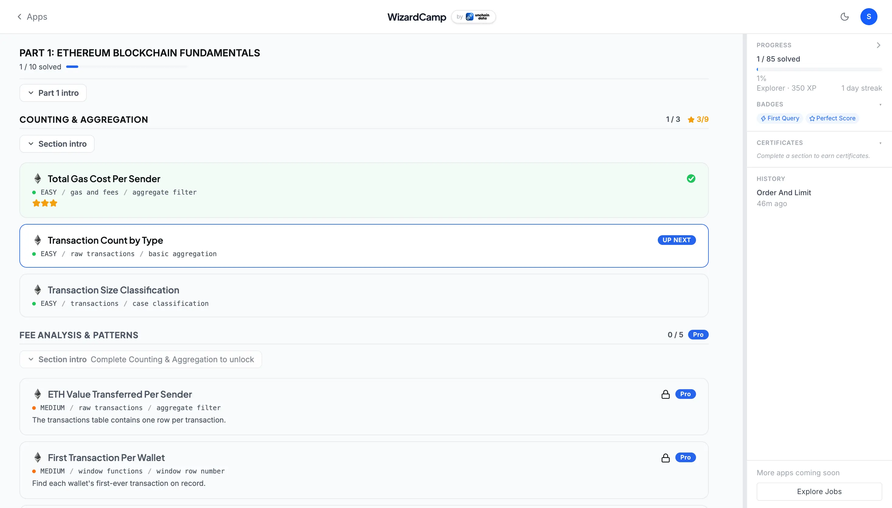 WizardCamp learning path with exercises and progress tracking